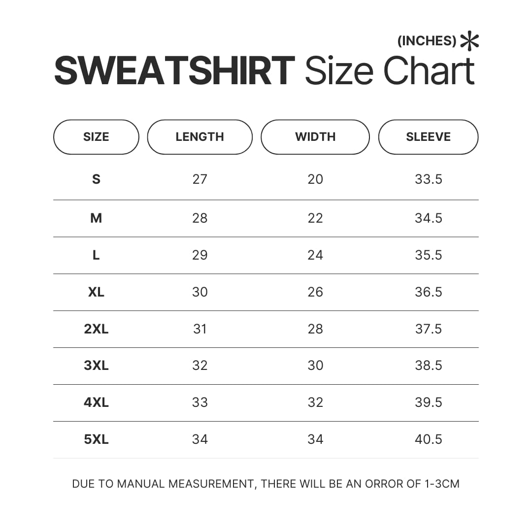 Sweatshirt Size Chart - Kuromi UK Shop