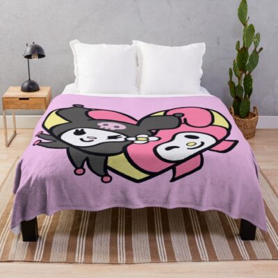 Kawaii Pink And Black Cartoon Rabbit Heart Throw Blanket