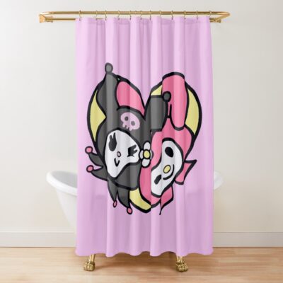 Kawaii Pink And Black Cartoon Rabbit Heart Shower Curtain