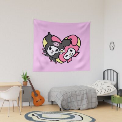 Kawaii Pink And Black Cartoon Rabbit Heart Tapestry