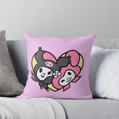 Kawaii Pink And Black Cartoon Rabbit Heart Throw Pillow